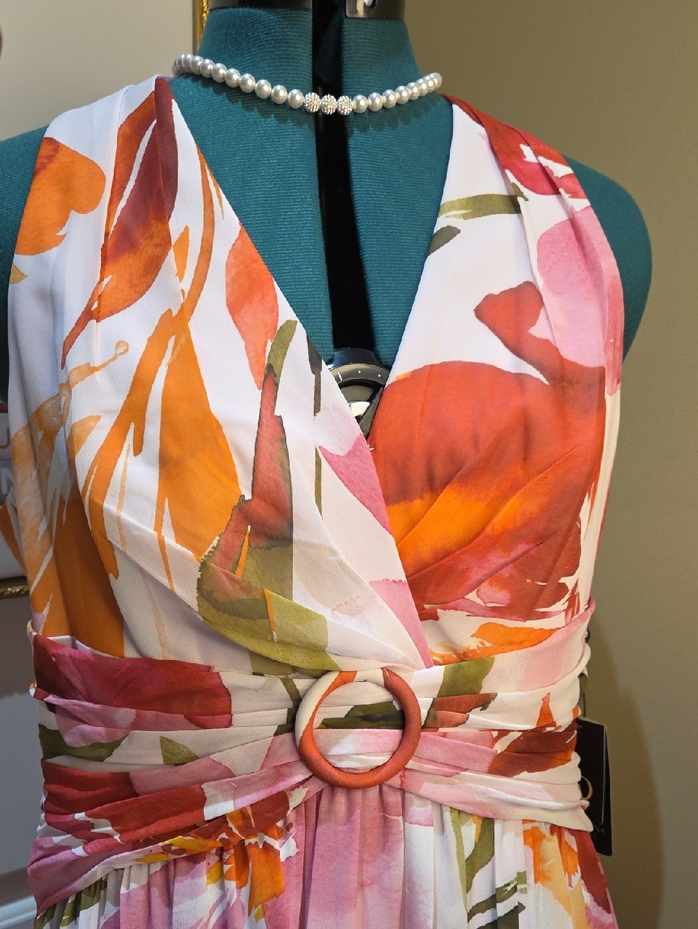 Nwt 14 $ 199 Adrianna Papell Pink & Orange Floral Halter Maxi Dress - Picture 16 of 17